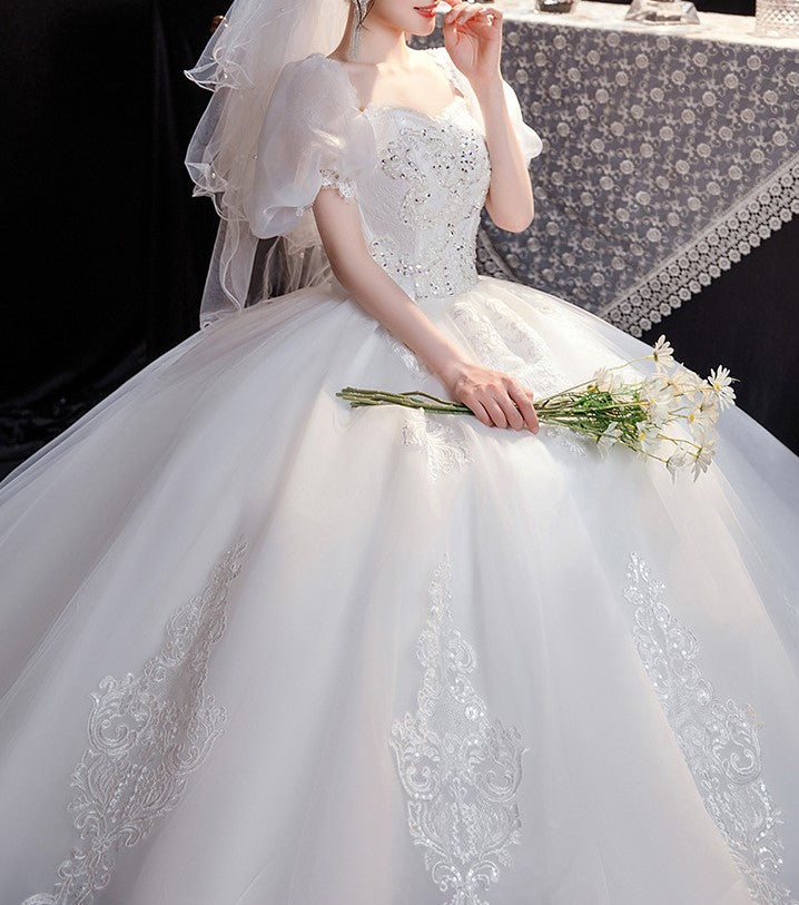 Sister Jane Bridal puff sleeve mini wedding dress with train in ivory -  myonewedding.co.uk