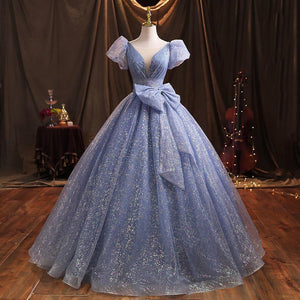 Retro Princess Puff Sleeves Blue Prom Evening Dress