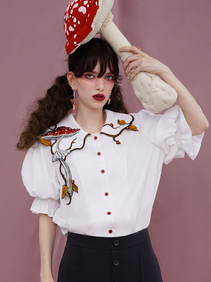 Cottagecore Mushroom Embroidery Blouse Top White / M