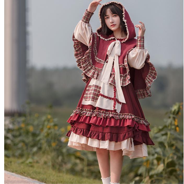 Cottagecore Red Dress Hooded Cape Set