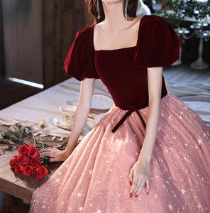 Retro Princess Puff Sleeves Starry Prom Evening Dress