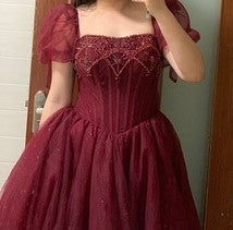 Handmade Retro Princess Tulle Embellished Red Prom Evening Dress