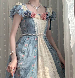 Royalcore Princess Vintage Rose Decor Lace Contrast Color Dress Final Sale