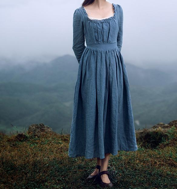 Movie Inspired Vintage Linen Square Collar Prairie Dress Blue / L I Retro Fairy Movie Inspired Vintage Linen Square Collar Prairie Dress Blue / L I Retro Fairy