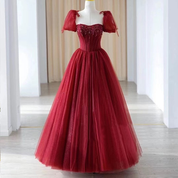 Fashion Red Prom Dresses 2021 A-Line / Princess Scoop Neck Beading Crystal  Sequins Short Sleeve Backless Floor-Length / Long Prom Formal Dresses