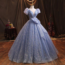 Load image into Gallery viewer, Retro Princess Puff Sleeves Blue Prom Evening Dress
