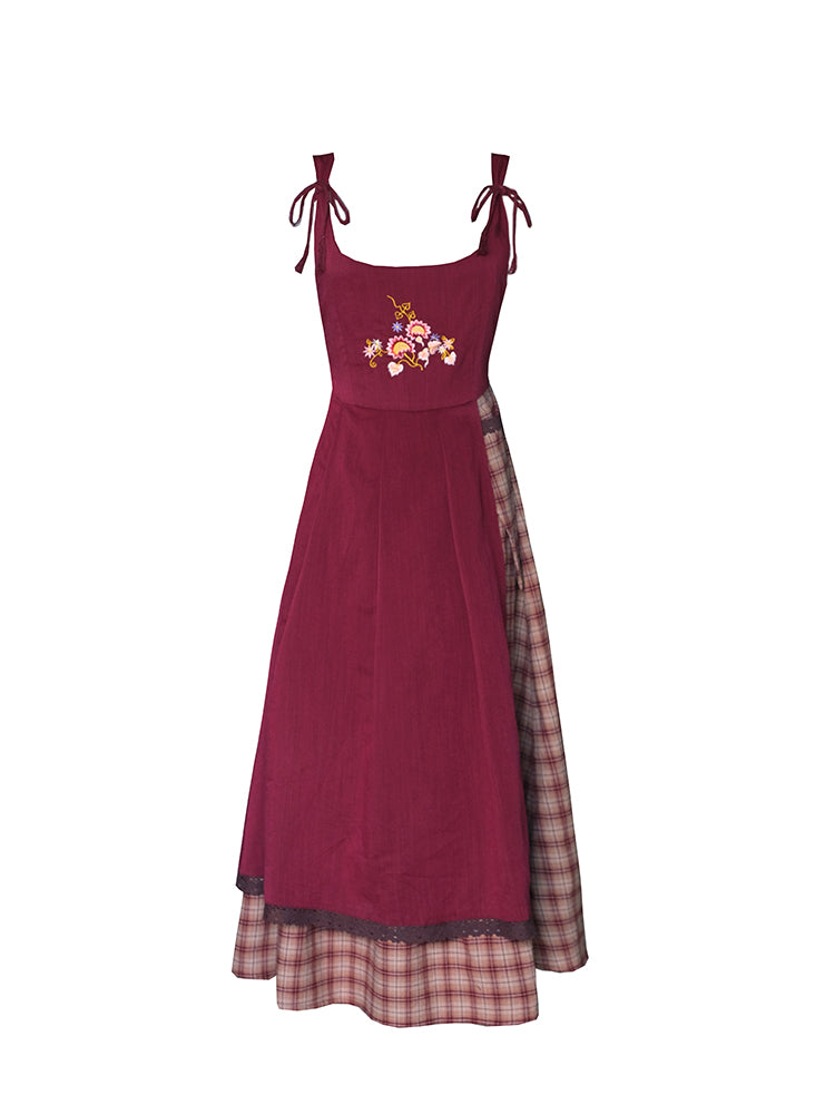 Cottagecore Plaid Fabric Stitched Pinafore Dress