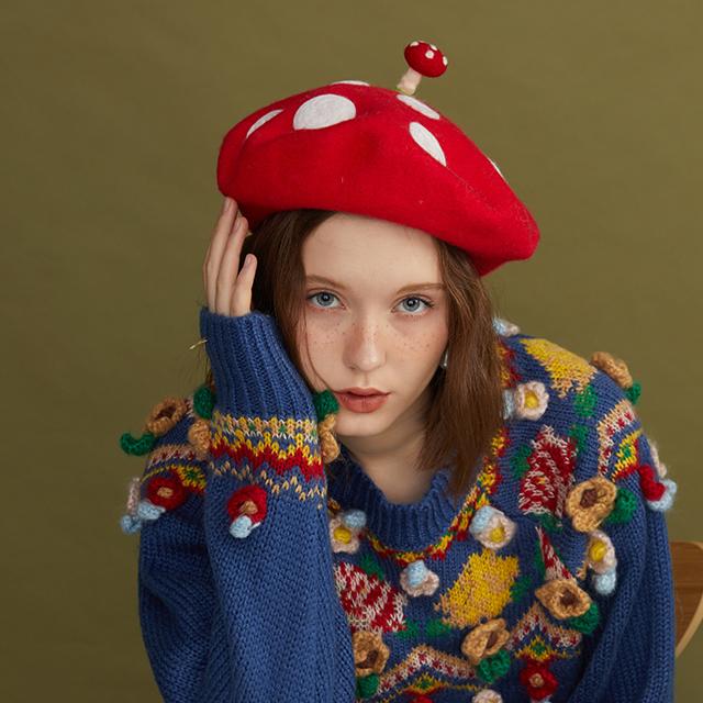 Handmade Cottagecore Mushroom Wool Blend Beret – Retro Fairy display picture 3