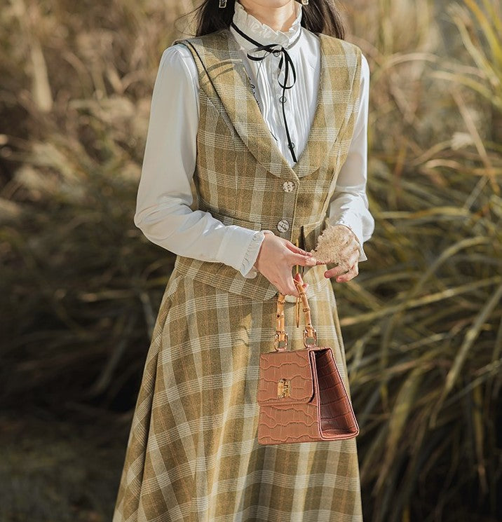 Retro Academia Plaid Blouse Vest Skirt Set – Retro Fairy