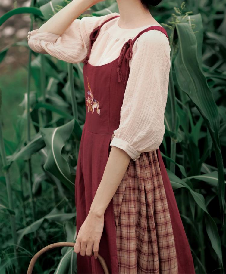 Cottagecore Plaid Fabric Stitched Pinafore Dress