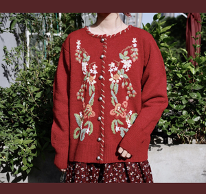 Cottagecore Embroidery Wool Cardigan Vintage Knit Top