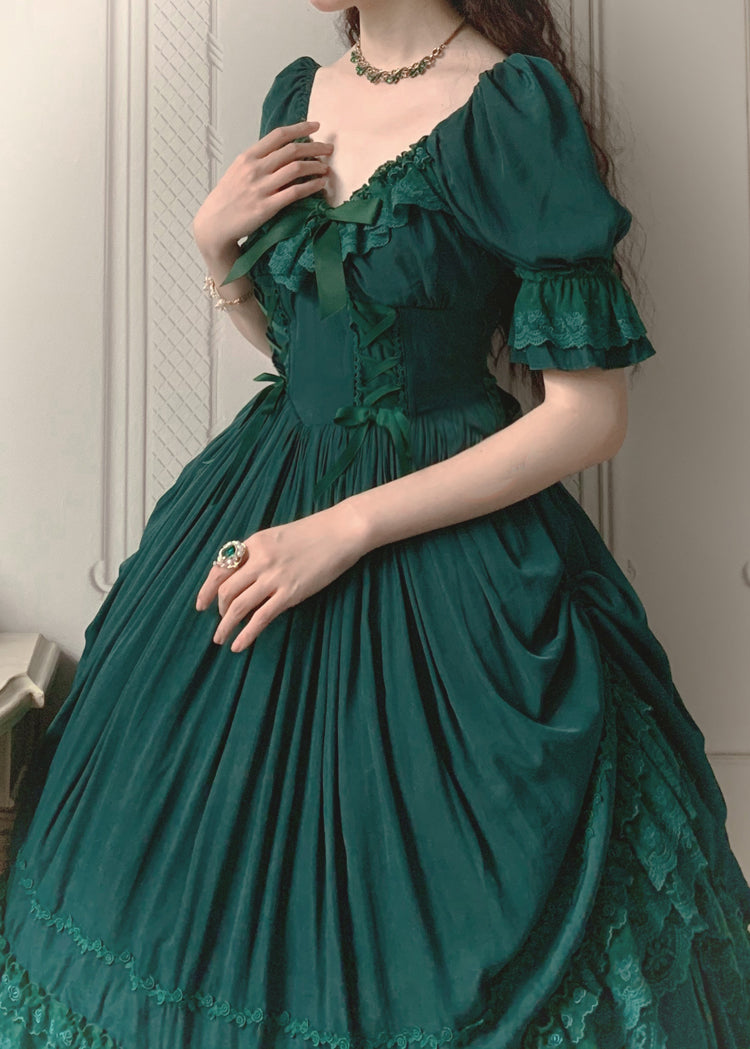 dark green cottagecore dress Emerald Green Romantic Vintage Cottagecore Dress
