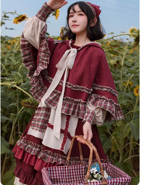 Cottagecore Red Dress Hooded Cape Set
