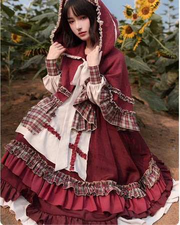 Cottagecore Lolita Style Vintage Red Dress Hooded Cape Set – Retro Fairy