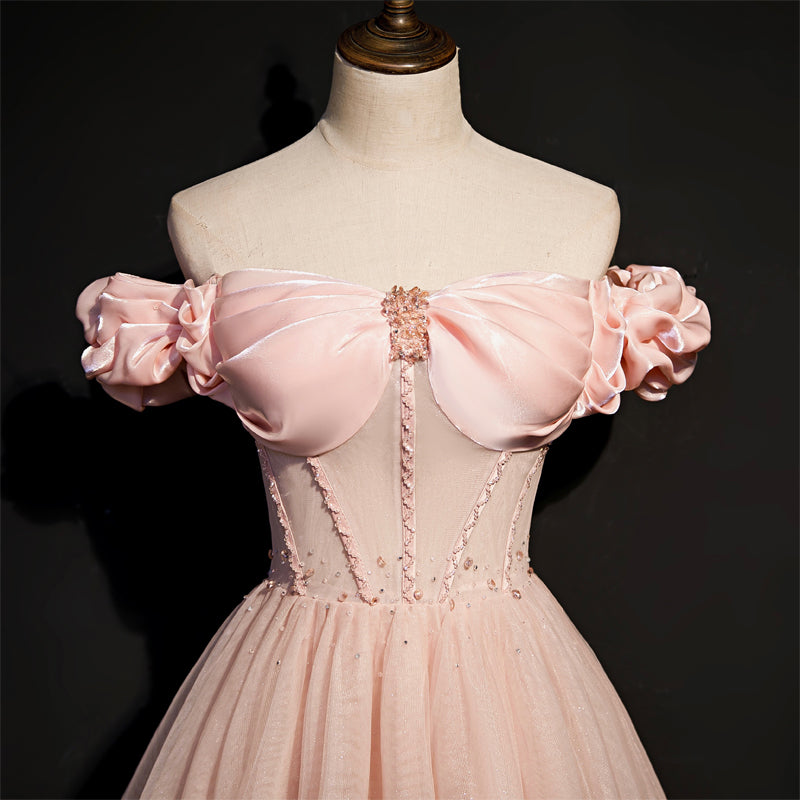 vintage off the shoulder dresses Handmade Princess Prom Dress M / Pink 100% Polyester Stretch Size:41-44 DU60 Cicinia Off The Shoulder