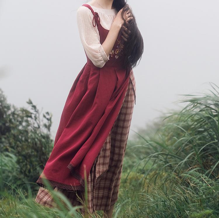 Cottagecore Plaid Fabric Stitched Pinafore Dress
