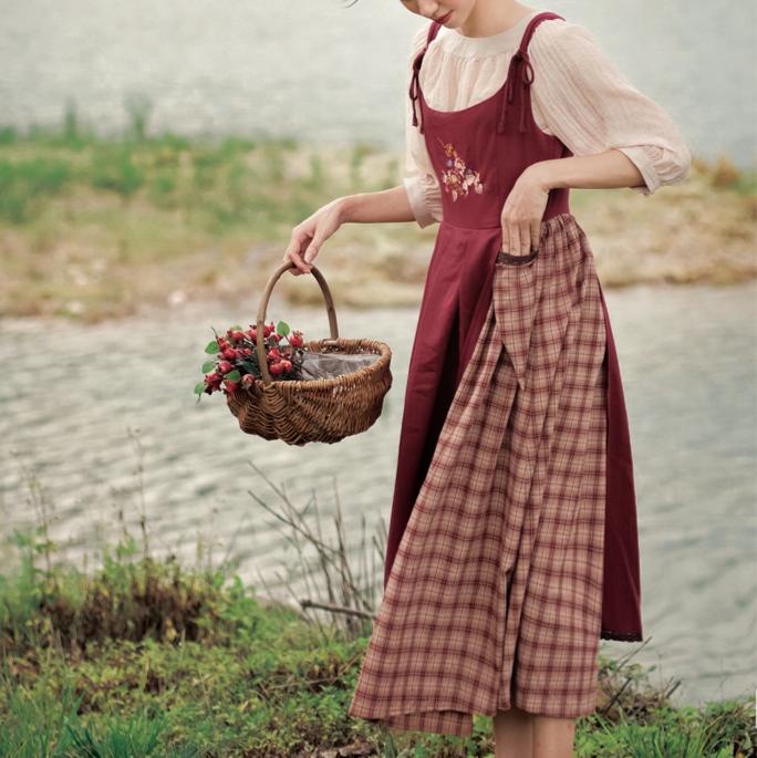 Cottagecore Plaid Fabric Stitched Pinafore Dress Dress ONLY