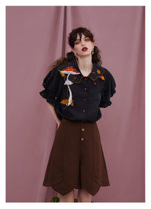 Cottagecore Mushroom Embroidery Blouse Top