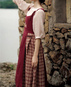 Cottagecore Plaid Fabric Stitched Pinafore Dress