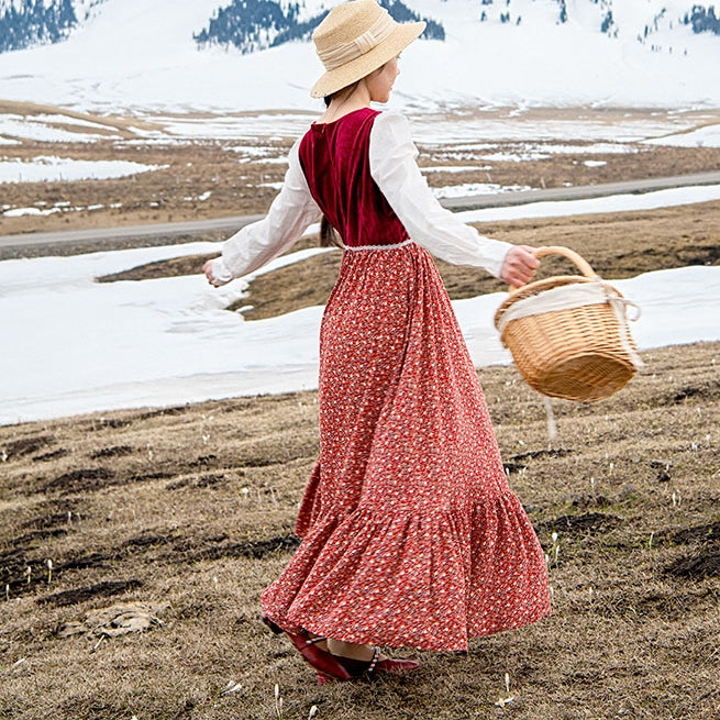 Gunne sax Style Floral Velvet Stitched Dress [Final Sale]