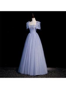 Handmade Retro Princess Puff Sleeves Studded Blue Prom Dress