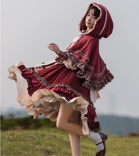 Cottagecore Red Dress Hooded Cape Set