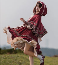 Load image into Gallery viewer, Cottagecore Lolita Style Vintage Red Dress Hooded Cape Set
