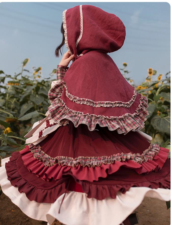 Cottagecore Red Dress Hooded Cape Set