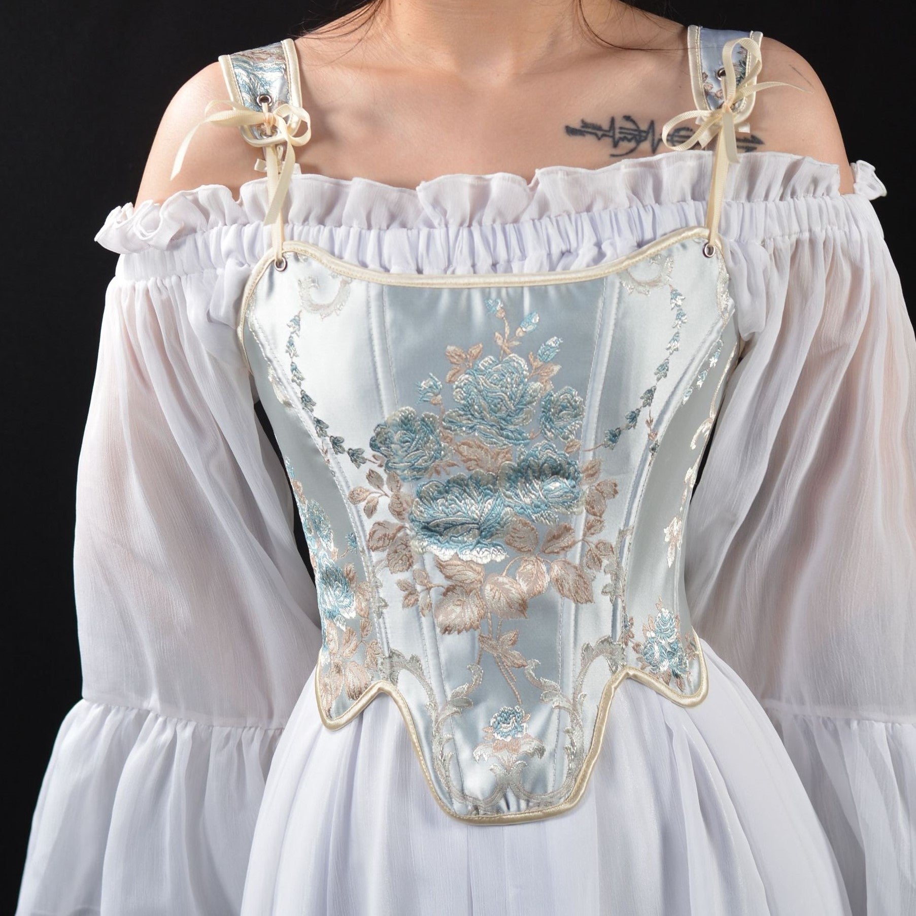 Vintage Remake Embroidery Lace up Corset Blue / 2XL