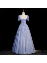 Load image into Gallery viewer, Handmade Retro Princess Puff Sleeves Studded Blue Prom Dress
