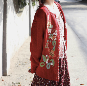 Cottagecore Embroidery Wool Cardigan Vintage Knit Top