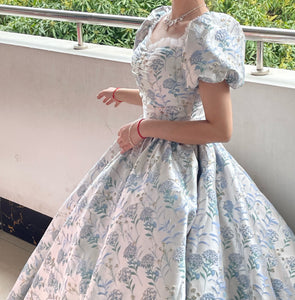 Handmade Princess Puff Sleeves Floral Prom Dress Evening Dress