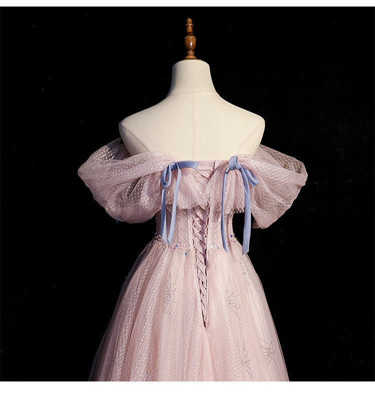 Handmade Princess Tulle Off-Shoulder Pink Prom Evening Dress