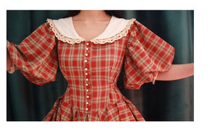 Vintage Remake Plaid Puff Sleeve Tea Dress