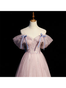 Handmade Retro Princess Tulle Off-Shoulder Pink Prom Evening Dress