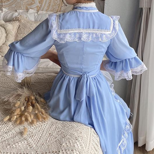 Vintage 70s Gunnesax Style Prairie Blue Dress