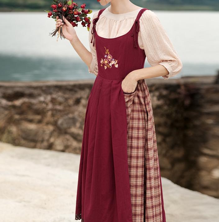 Cottagecore Plaid Fabric Stitched Pinafore Dress