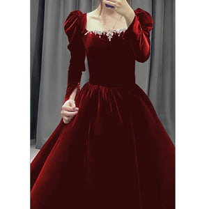 Royalcore Puff Sleeves Studded Velvet Prom Dress