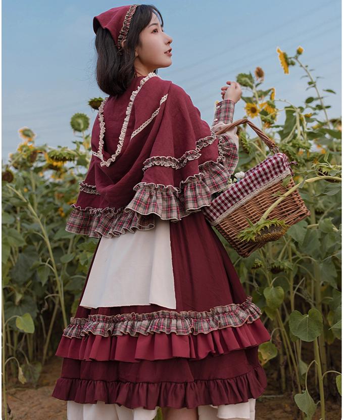 Cottagecore Red Dress Hooded Cape Set