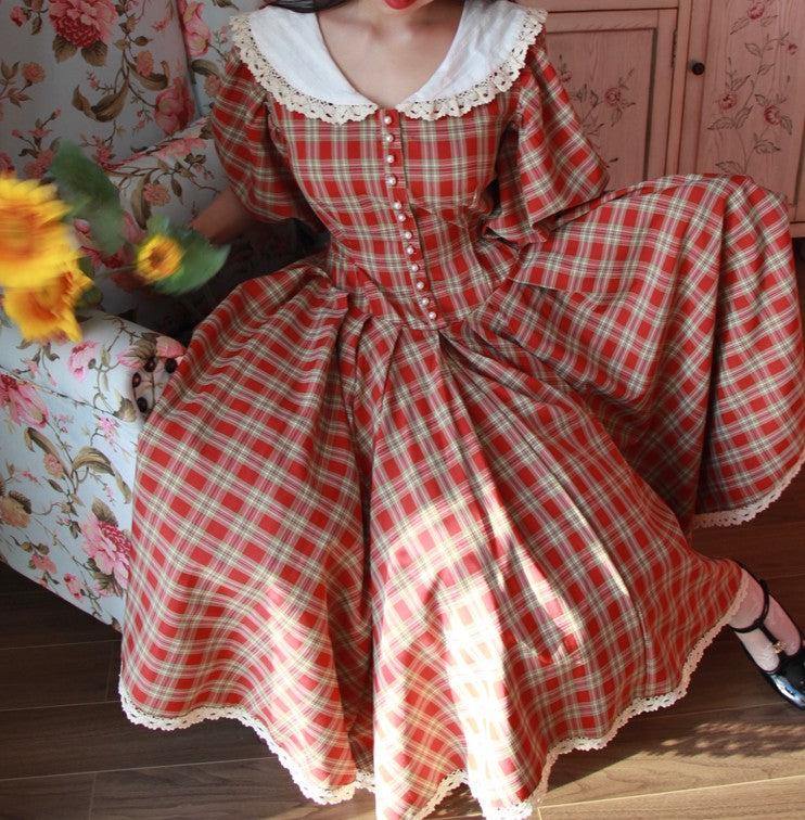 Retro Fairy Plaid Puff Sleeve Tea Dress