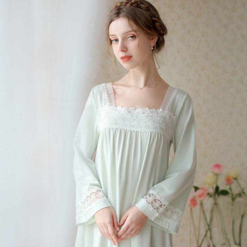 Retro Square Collar Cotton Night Gown dress Green / S I Retro Fairy