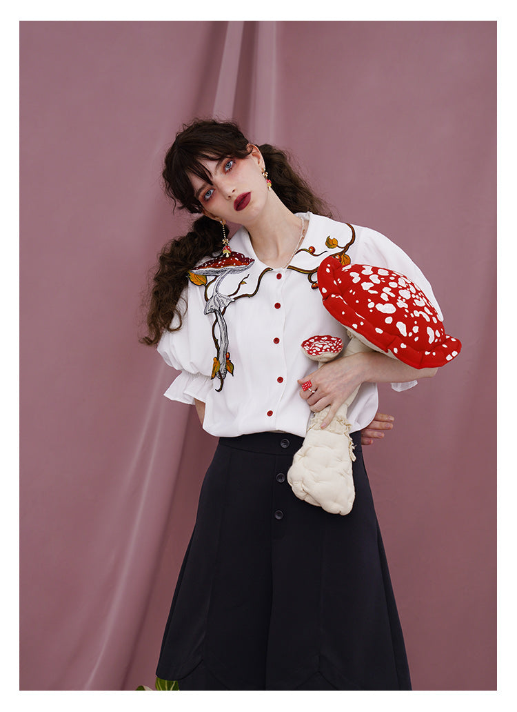 Cottagecore Mushroom Embroidery Blouse Top