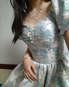 Handmade Princess Puff Sleeves Floral Prom Dress Evening Dress