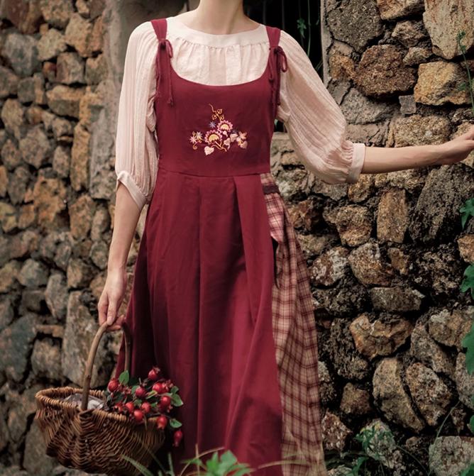 Cottagecore Plaid Fabric Stitched Pinafore Dress