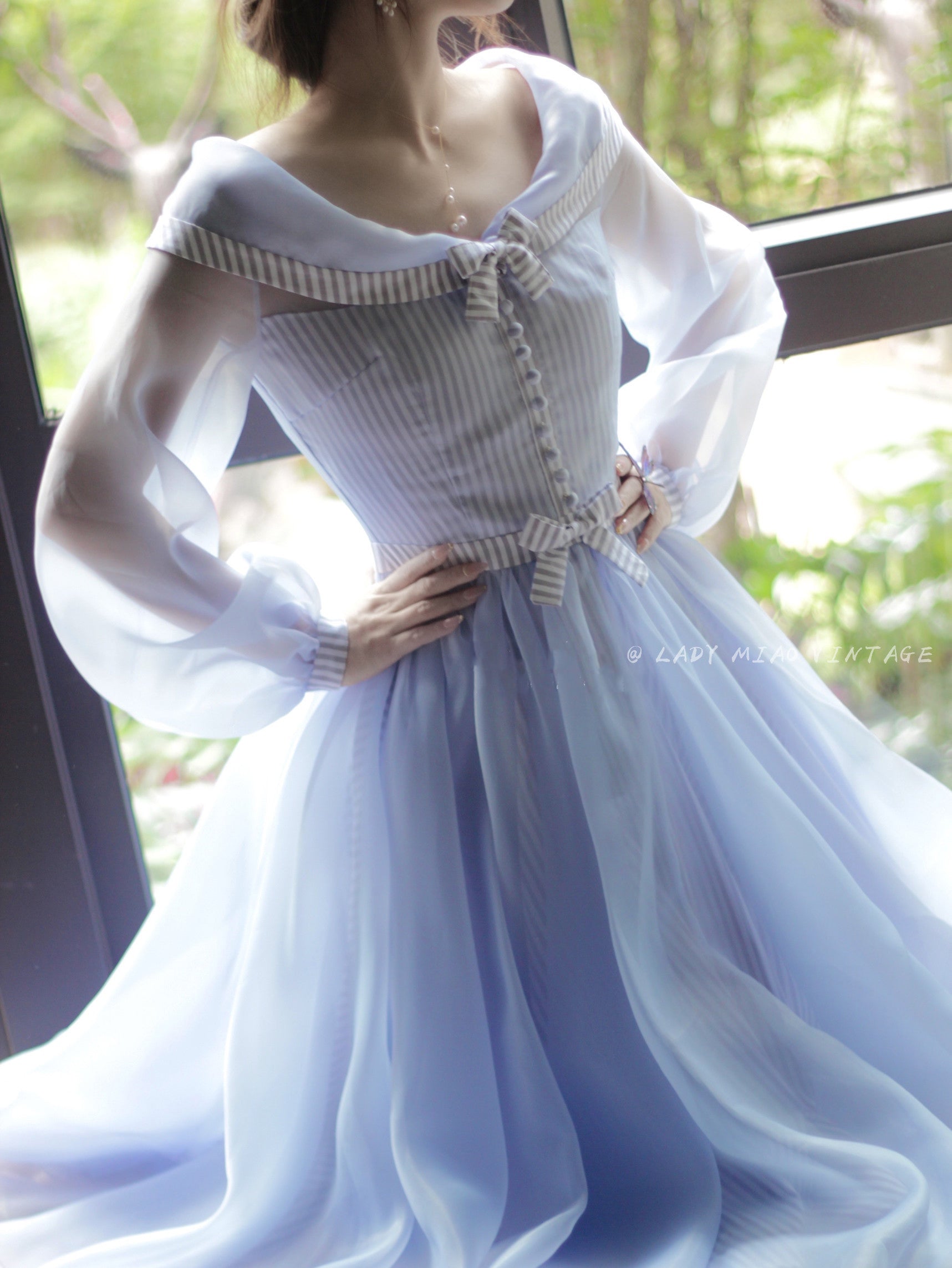 blue dress aesthetic Silk Maxi Dress: Blue 3/4 Sleeve Spring Cottagecore Style