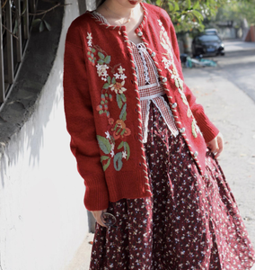 Cottagecore Embroidery Wool Cardigan Vintage Knit Top
