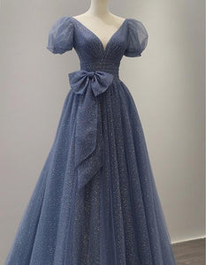 Retro Princess Puff Sleeves Starry Blue Prom Evening Dress