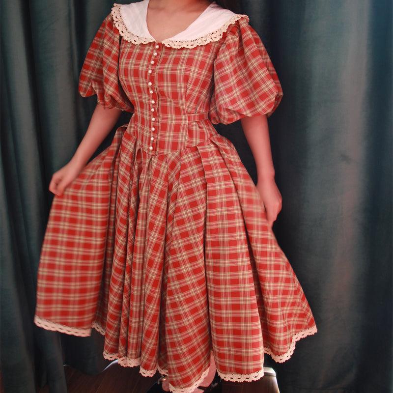 Vintage Plaid Puff Sleeve Tea Dress M / Yellow I Retro Fairy Vintage Plaid Puff Sleeve Tea Dress M / Yellow I Retro Fairy