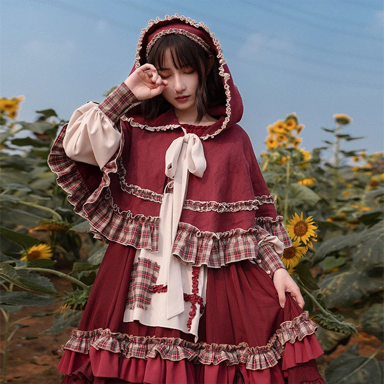 Cottagecore Red Dress Hooded Cape Set