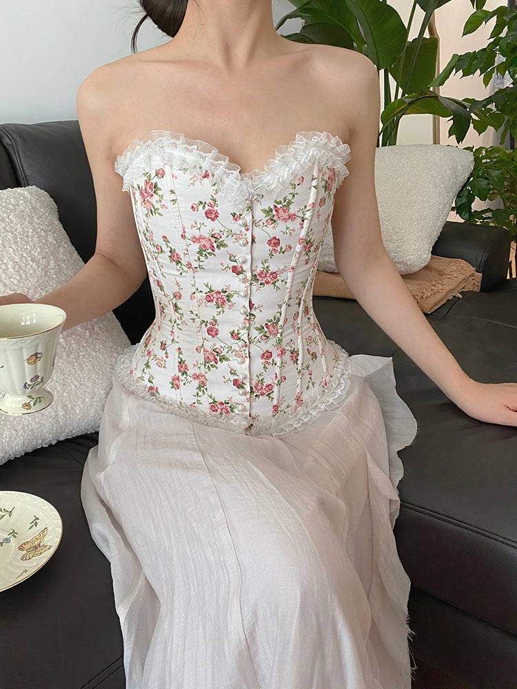 Vintage Floral Lace up Corset Top